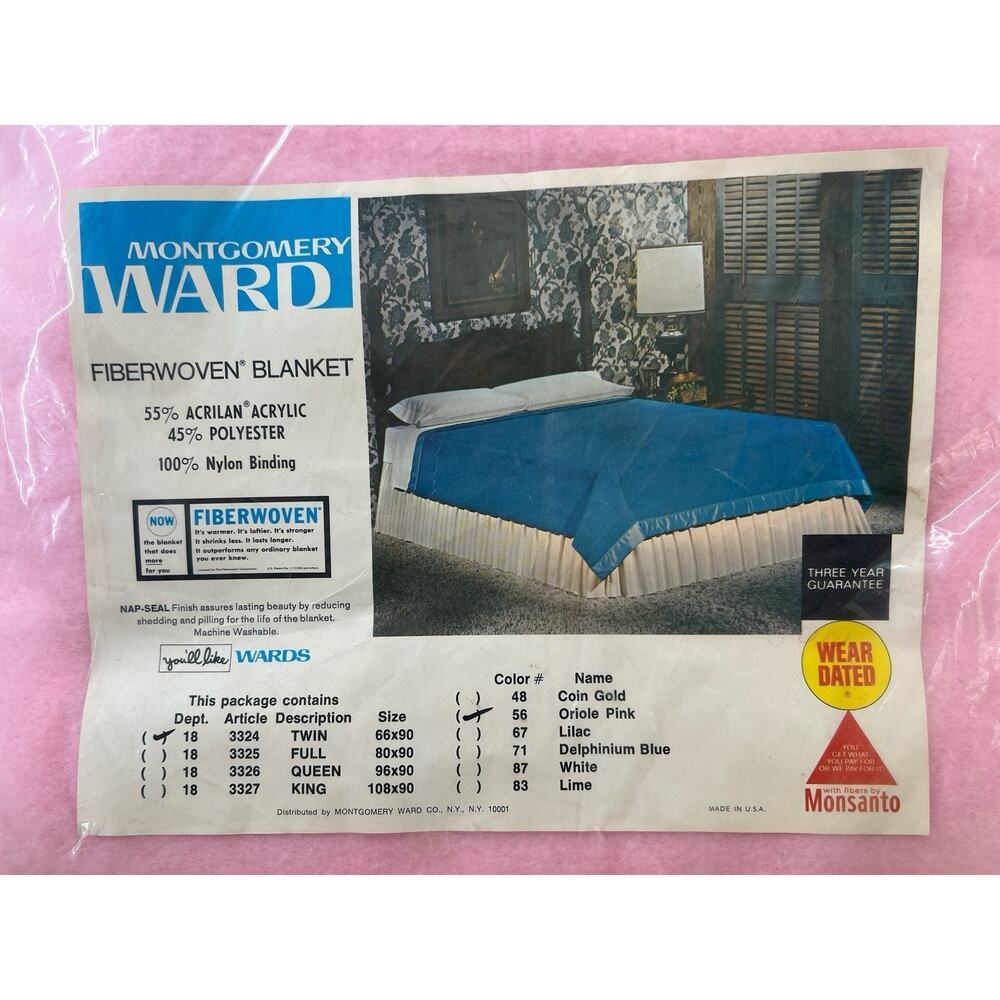 Vintage Montgomery Ward Pink Acrylic Blanket Twin NOS 1970s Fiberwoven